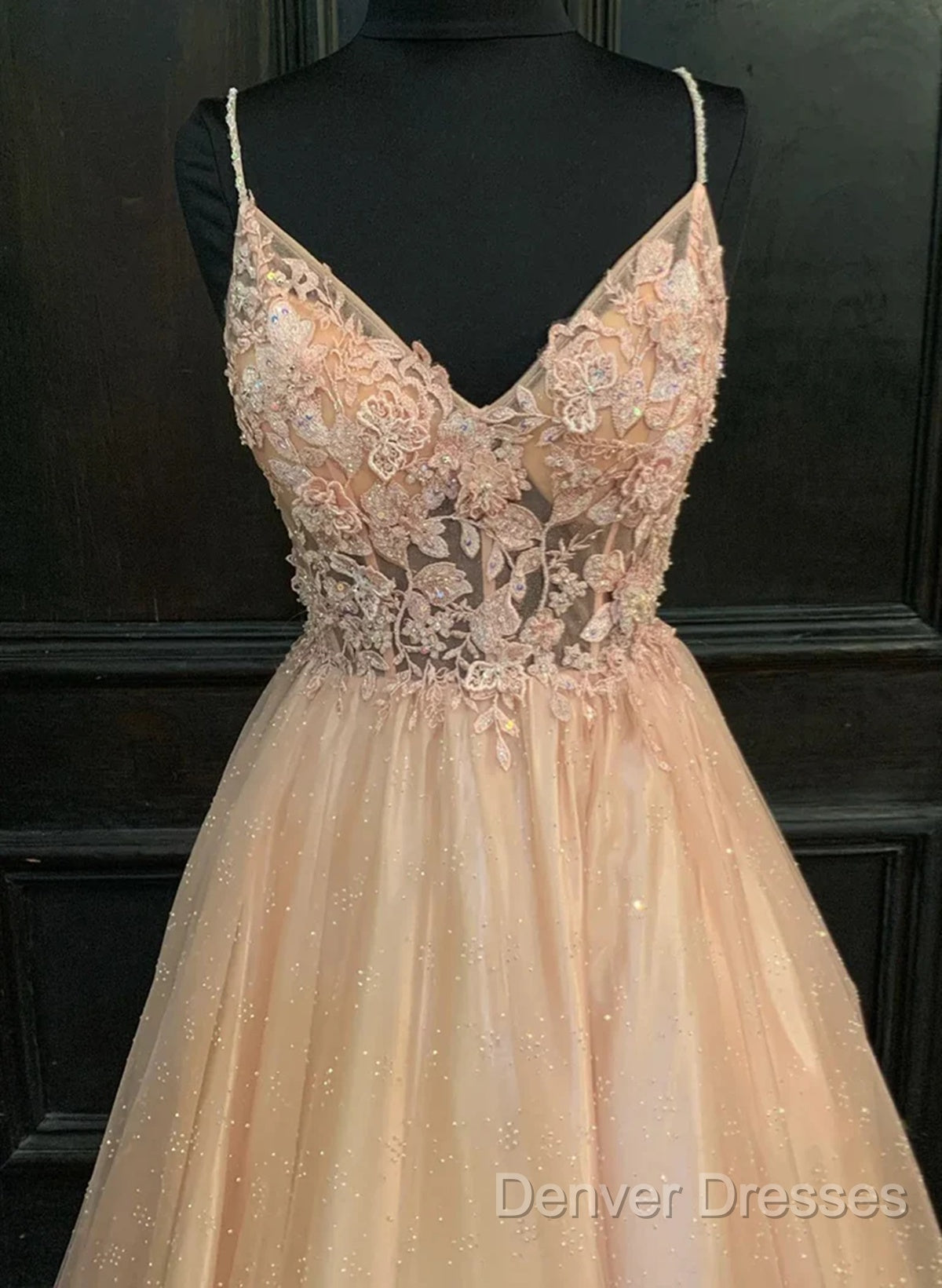 Pink Tulle With Lace Applique Beaded V-Neckline Prom Dress, Pink Long Party Dress Secondary image