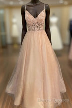 Pink Tulle With Lace Applique Beaded V-Neckline Prom Dress, Pink Long Party Dress