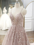 Pink Tulle With Lace Applique Low Back Prom Dress, Pink A-Line Tulle Party Dress