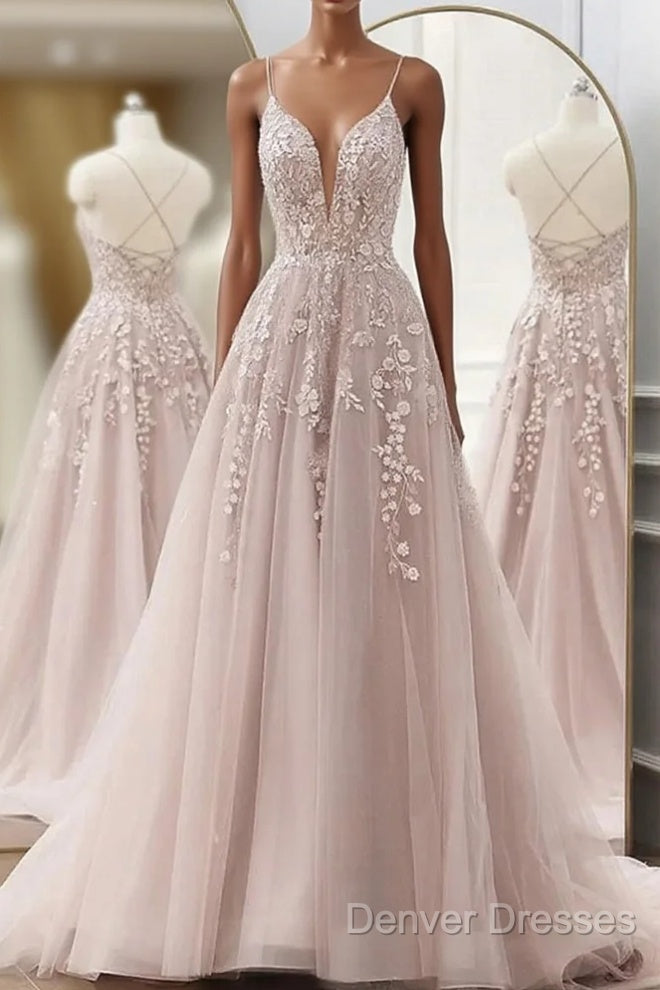 Pink Tulle With Lace Applique Low Back Prom Dress, Pink A-Line Tulle Party Dress Main image