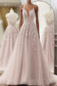 Pink Tulle With Lace Applique Low Back Prom Dress, Pink A-Line Tulle Party Dress