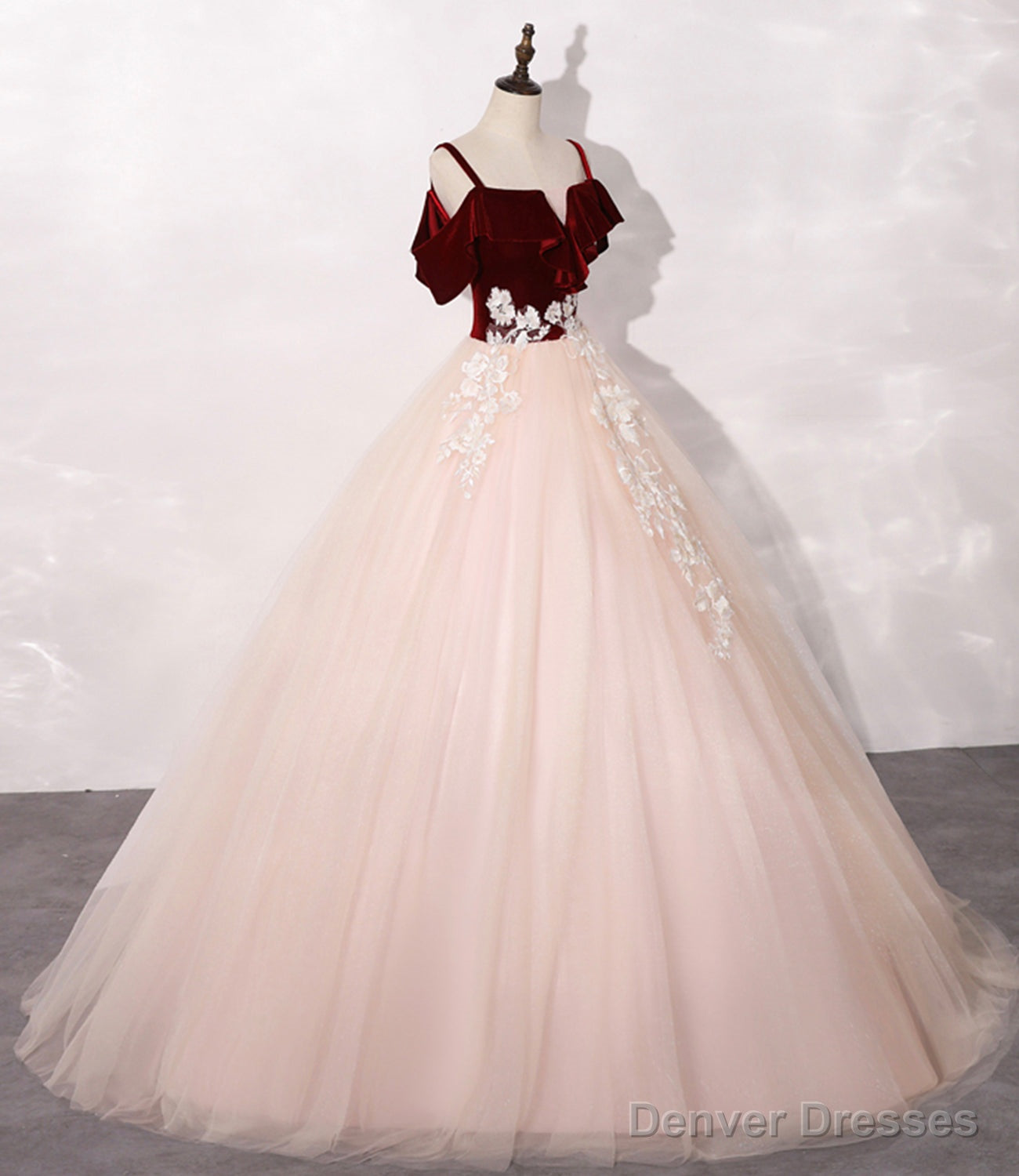 Pink Tulle with Velvet Top Long Party Dress Prom Dres, Ball Gown Sweet 16 Dresses Main image
