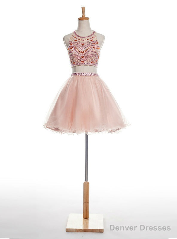 Pink Two Piece Halter Backless Tulle With Crystal Homecoming Dress Main image