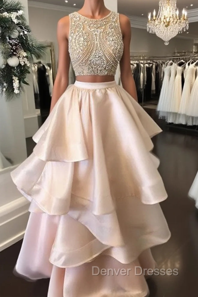 Pink Two Pieces Beaded Long Prom Dress, Pink Evening Dress