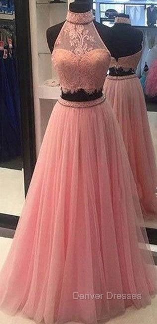 Pink Two Pieces Lace Tulle Long Prom Dress, Pink Evening Dress Secondary image