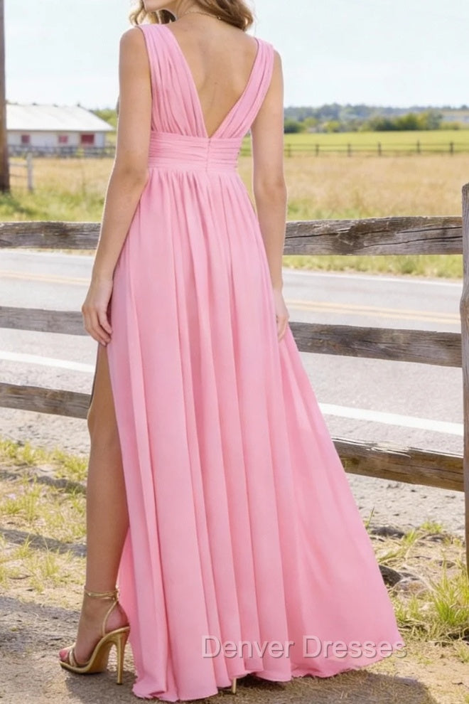 Pink V Neck Chiffon Floor Length Bridesmaid Dresses Long Bridesmaid Dress With Pleated Split