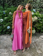 Pink/Green Fashion V-Neck Elegant Long Satin Evening Dress Party Dress Wedding Guest Dress Maternity Dress