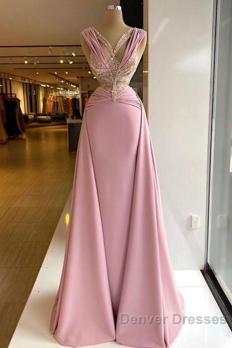 Pink V-Neck Fitted Satin Lace Long Prom Dress Secondary image