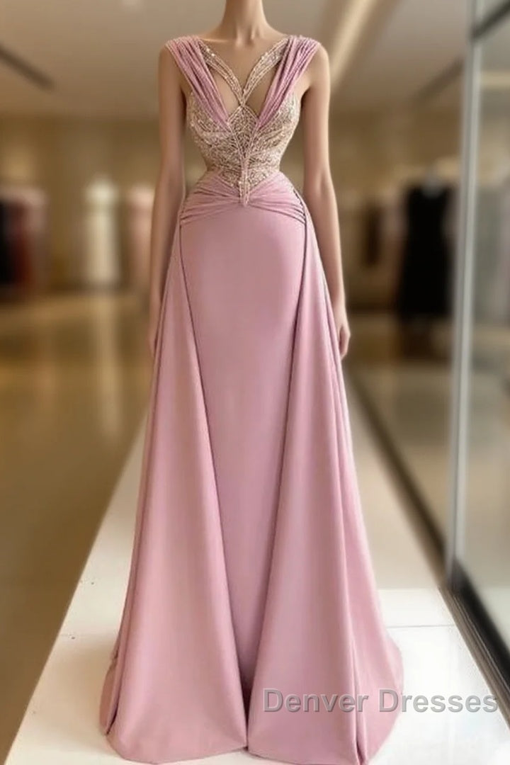 Pink V-Neck Fitted Satin Lace Long Prom Dress