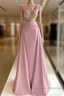 Pink V-Neck Fitted Satin Lace Long Prom Dress