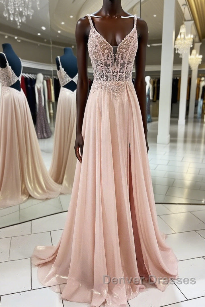 Pink v neck lace chiffon long prom Dress, pink formal Dress Main image