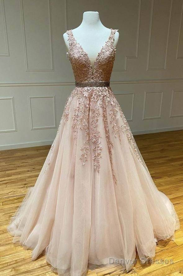 Pink V Neck Lace Long A Line Prom Dress Evening Dress Main image