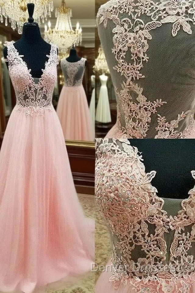 Pink V Neck Lace Long Prom Dress, Pink Evening Dress Main image