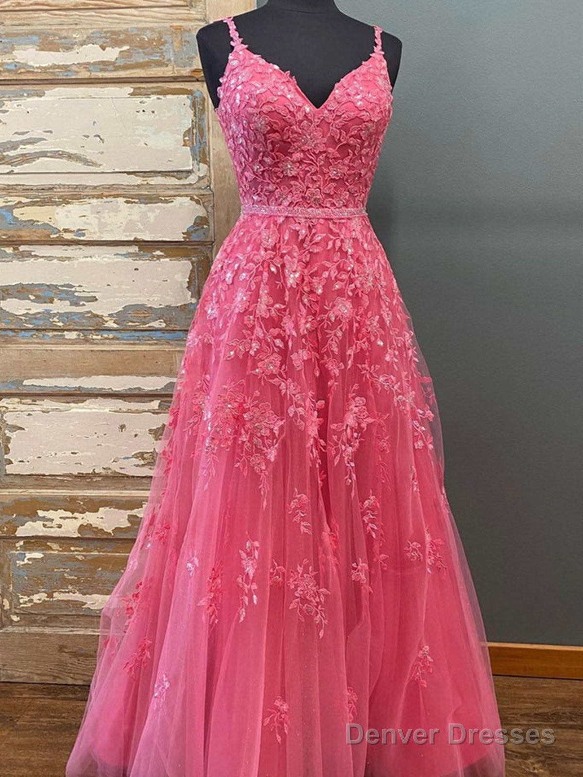 Pink V Neck Lace Long Prom Dresses, Pink V Neck Long Lace Formal Graduation Dresses Main image