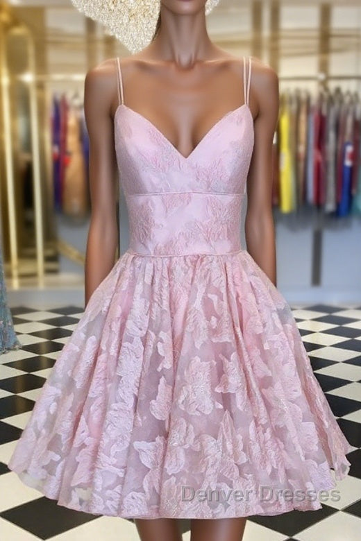 Pink v neck lace short prom Dress, pink lace homecoming Dress Main image