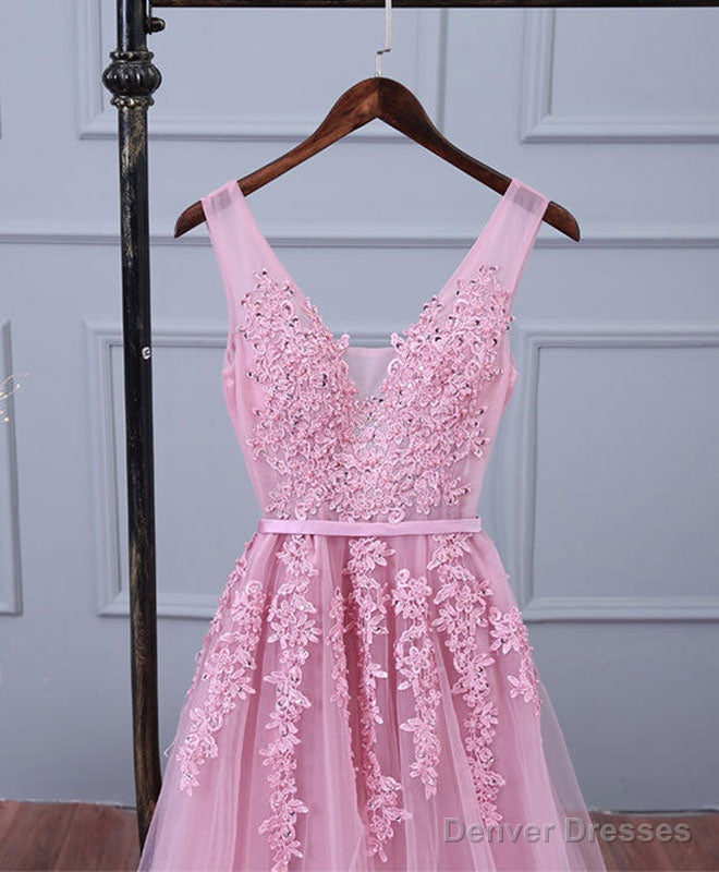 Pink V Neck Lace Tulle Long Prom Dress, Lace Evening Dresses Secondary image