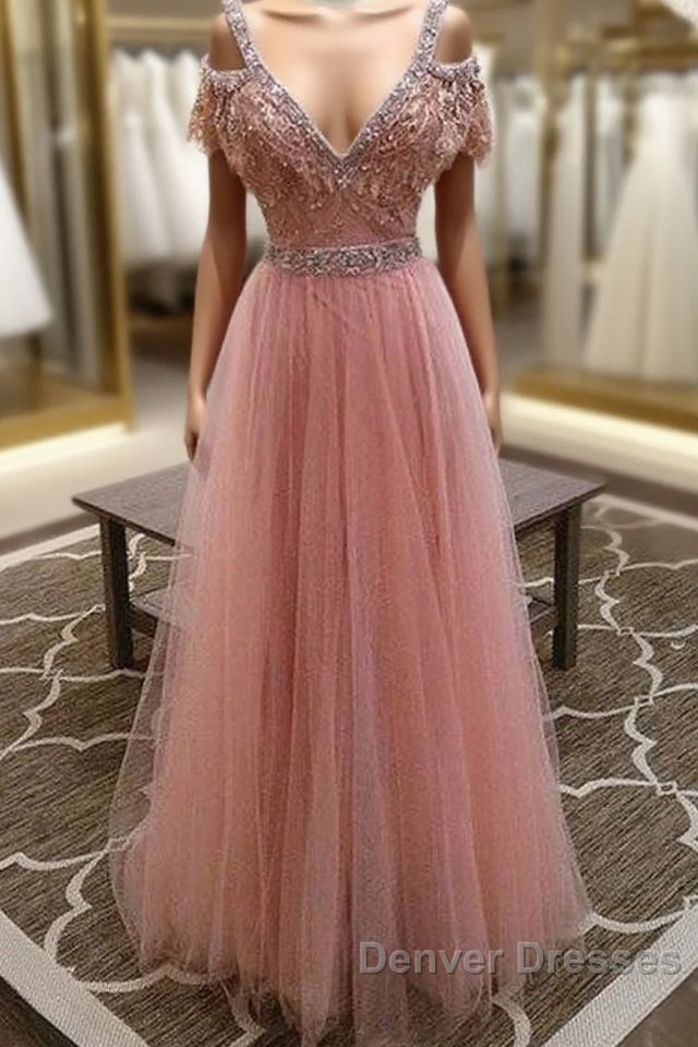 Pink V Neck Lace Tulle Long Prom Dress, Pink Evening Dress Main image