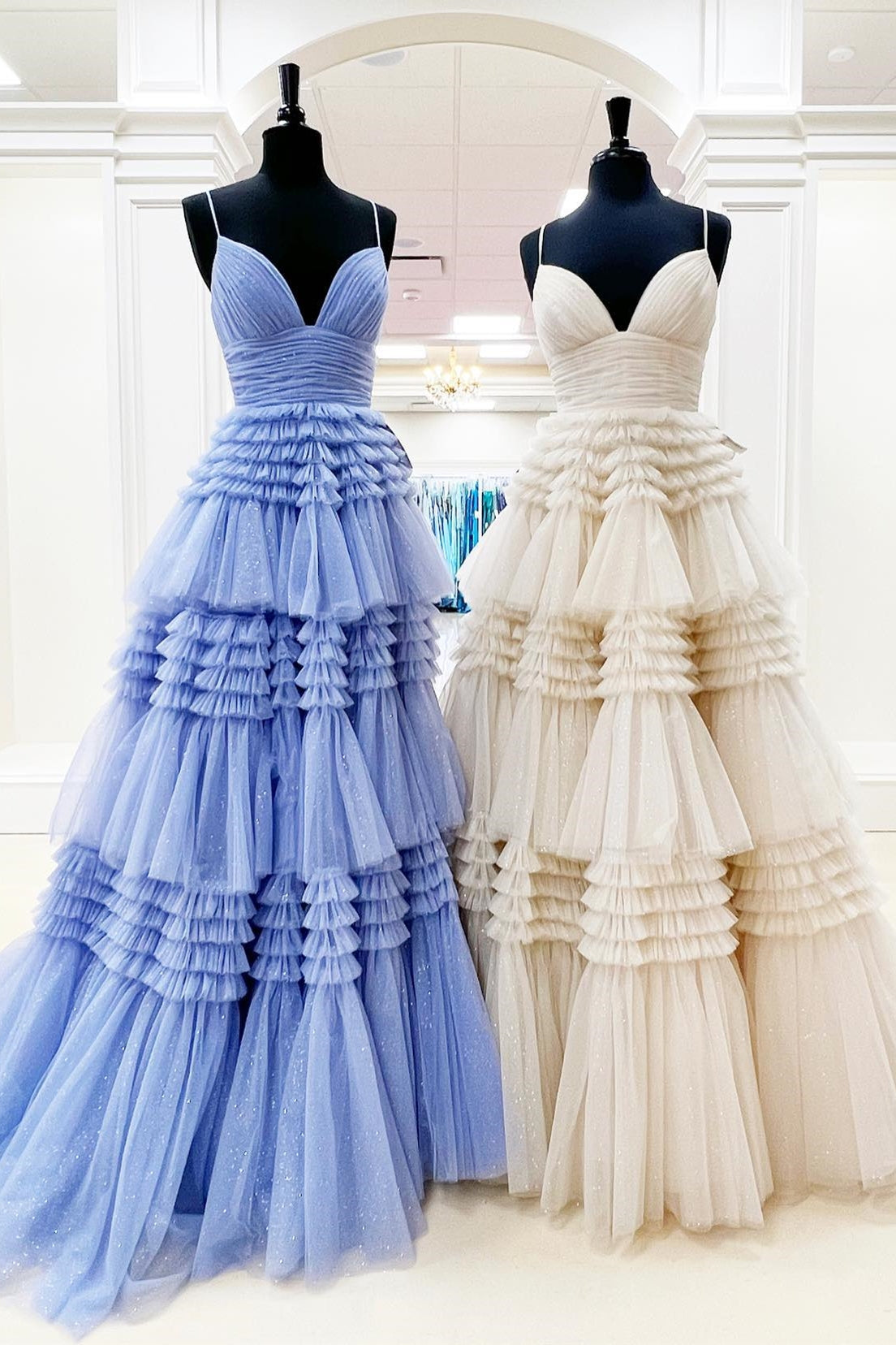 Pink V Neck Layers Tulle Long Ball Gown,Light Blue A Line Spaghetti Strap Evening Dresses Secondary image