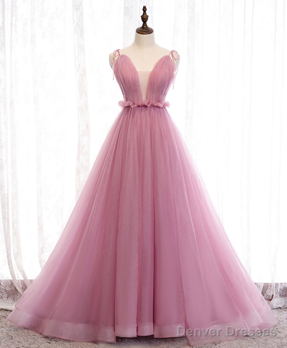 Pink V Neck Long Prom Dress, Aline Pink Formal Evening Dresses Secondary image