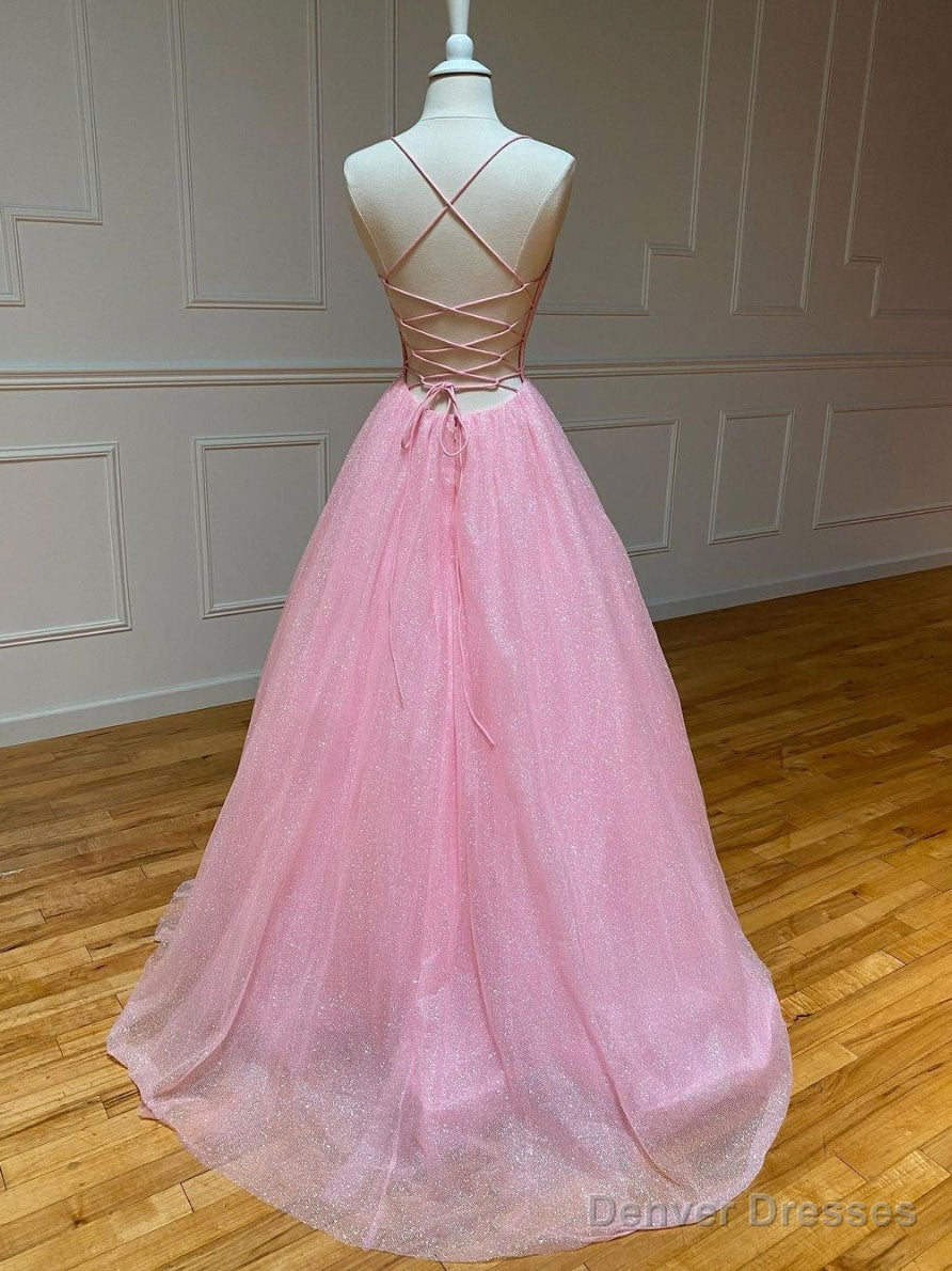 Pink V Neck Long Prom Dress, Pink A-line Sequin Tulle Evening Dress Secondary image