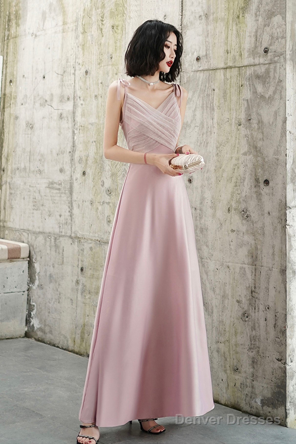 Pink V-Neck Long Prom Dress, Simple Spaghetti Straps Evening Dress Main image