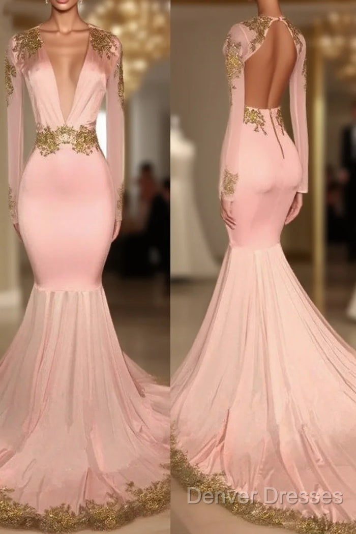 Pink V Neck Long Sleeves Mermaid Prom Dress Affordable Evening Dress