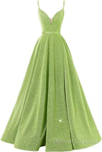 Pink V Neck Sequin A Line Prom Dress With Slit