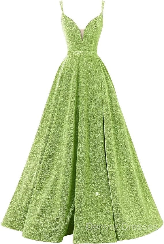 Pink V Neck Sequin A Line Prom Dress With Slit