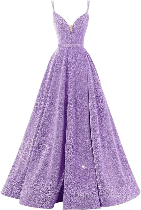 Pink V Neck Sequin A Line Prom Dress With Slit