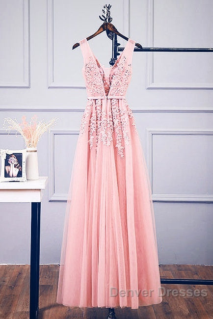 Pink V Neck Tulle Lace Applique Long Prom Dress, Pink Bridesmaid Dress Secondary image