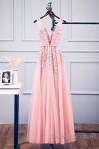 Pink V Neck Tulle Lace Applique Long Prom Dress, Pink Bridesmaid Dress