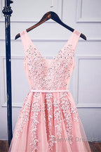 Pink V Neck Tulle Lace Applique Long Prom Dress, Pink Bridesmaid Dress