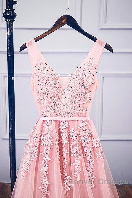 Pink V Neck Tulle Lace Applique Long Prom Dress, Pink Bridesmaid Dress