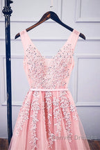 Pink V Neck Tulle Lace Applique Long Prom Dress, Pink Bridesmaid Dress