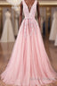 Pink V Neck Tulle Lace Applique Long Prom Dress, Pink Bridesmaid Dress