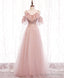 Pink v neck tulle lace long prom dress pink bridesmaid dress