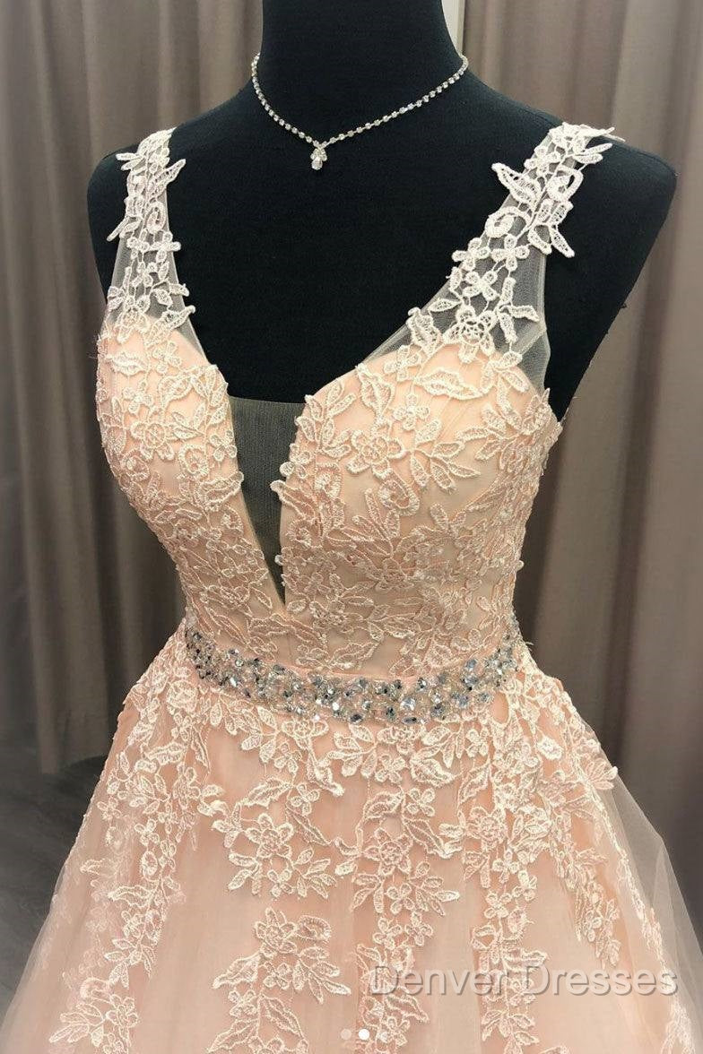 Pink V Neck Tulle Lace Long Prom Dress Pink Evening Dress Secondary image