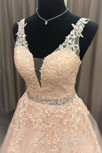 Pink V Neck Tulle Lace Long Prom Dress Pink Evening Dress