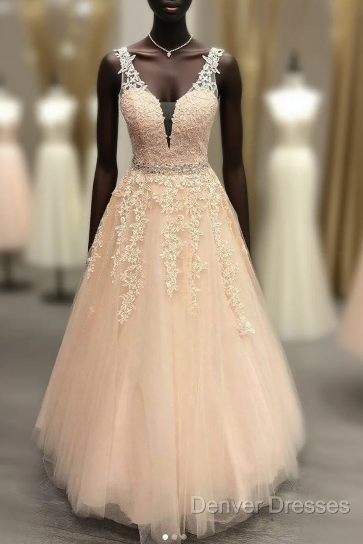 Pink V Neck Tulle Lace Long Prom Dress Pink Evening Dress Main image
