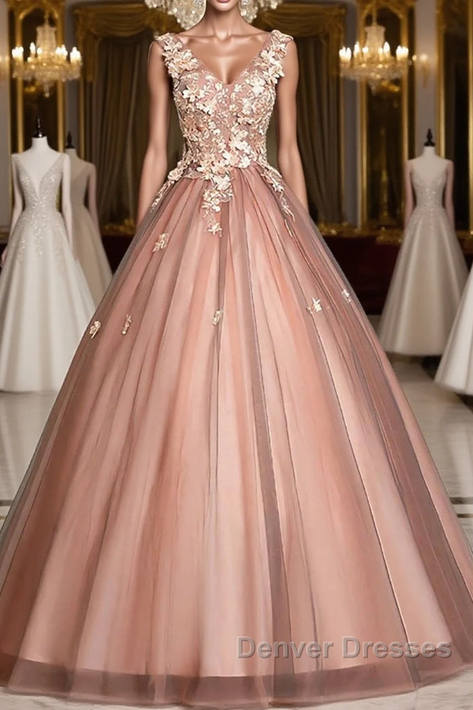 Pink v neck tulle lace long prom Dress pink tulle formal Dress Main image