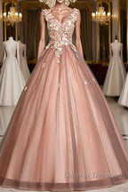 Pink v neck tulle lace long prom Dress pink tulle formal Dress