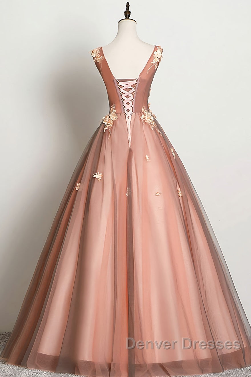 Pink v neck tulle lace long prom Dress pink tulle formal Dress Secondary image