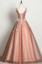 Pink v neck tulle lace long prom Dress pink tulle formal Dress