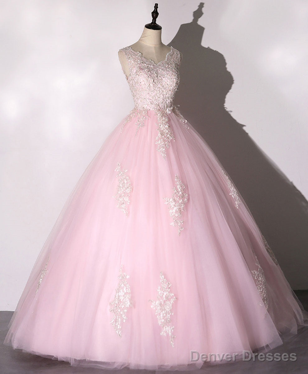 Pink V Neck Tulle Lace Long Prom Dress Pink Tulle Formal Sweet 16 Dress Secondary image