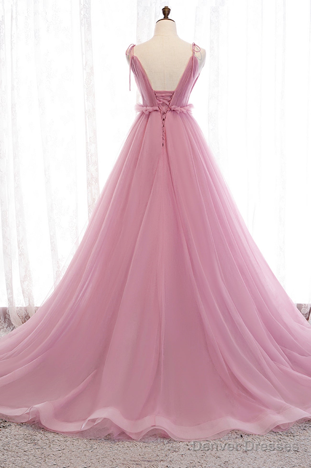 Pink V-Neck Tulle Long Prom Dress, A-Line Formal Evening Dress