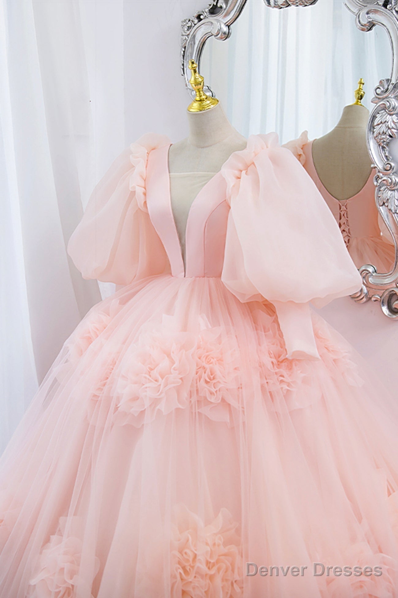 Pink V-Neck Tulle Long Prom Dress, A-Line Puff Sleeve Princess Dress Secondary image