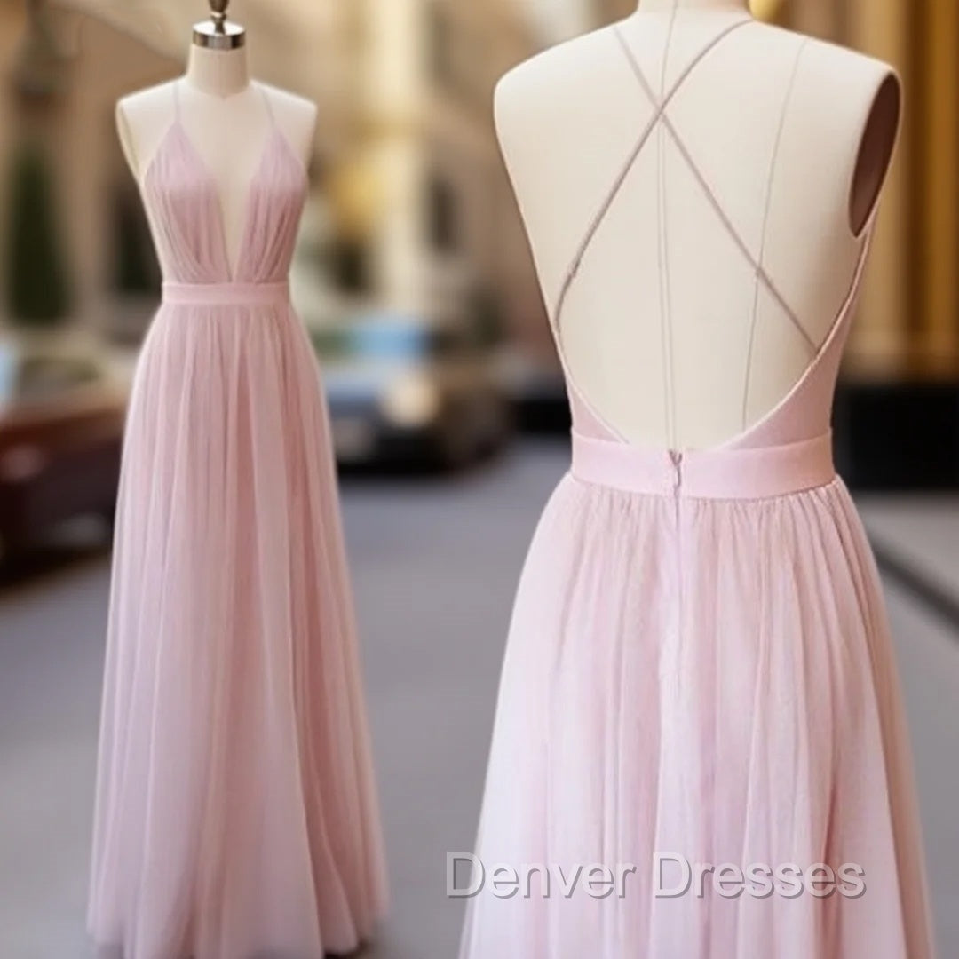 Pink V Neck Tulle Long Prom Dress, Evening Dress Main image