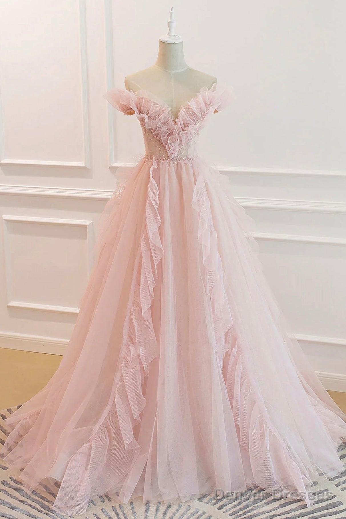 Pink V-Neck Tulle Long Prom Dress, Off the Shoulder Evening Graduation Dress Secondary image