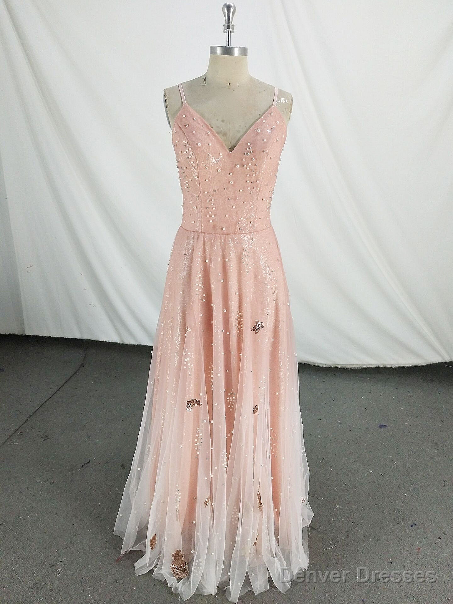 Pink V Neck Tulle Long Prom Dress, Pink Tulle Evening Dress Main image