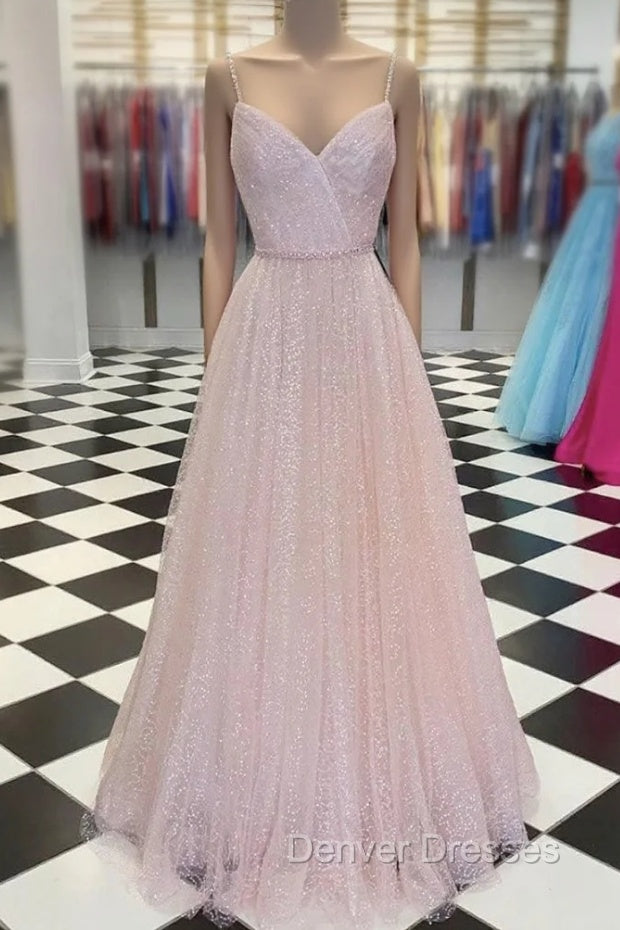 Pink V Neck Tulle Sequin Long Prom Dress Pink Tulle Formal Dress Main image